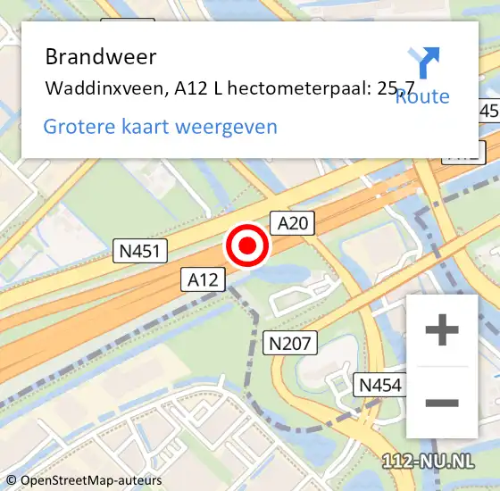 Locatie op kaart van de 112 melding: Brandweer Waddinxveen, A12 L hectometerpaal: 25,7 op 3 juli 2017 06:20
