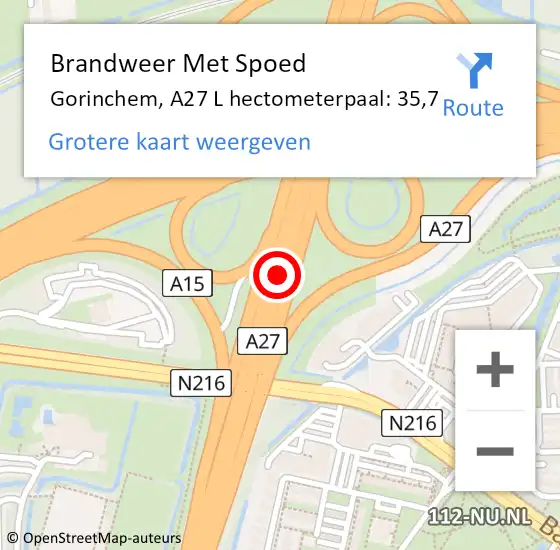 Locatie op kaart van de 112 melding: Brandweer Met Spoed Naar Gorinchem, A27 L hectometerpaal: 35,0 op 3 juli 2017 07:13