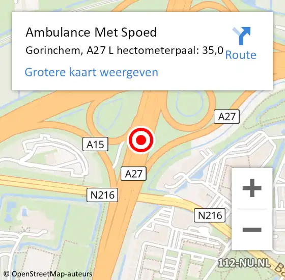 Locatie op kaart van de 112 melding: Ambulance Met Spoed Naar Gorinchem, A27 L hectometerpaal: 35,0 op 3 juli 2017 07:23