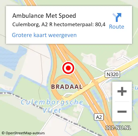Locatie op kaart van de 112 melding: Ambulance Met Spoed Naar Culemborg, A2 R hectometerpaal: 80,7 op 3 juli 2017 14:21