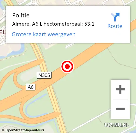 Locatie op kaart van de 112 melding: Politie Almere, A6 L hectometerpaal: 53,1 op 4 juli 2017 08:59