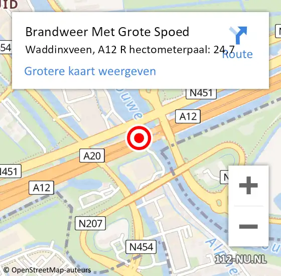 Locatie op kaart van de 112 melding: Brandweer Met Grote Spoed Naar Waddinxveen, A12 R hectometerpaal: 28,8 op 4 juli 2017 21:09