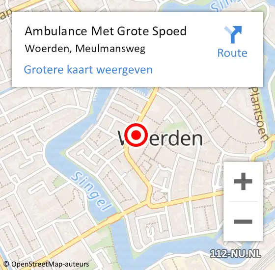 Locatie op kaart van de 112 melding: Ambulance Met Grote Spoed Naar Woerden, Meulmansweg op 6 juli 2017 00:14