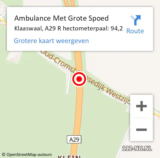Locatie op kaart van de 112 melding: Ambulance Met Grote Spoed Naar Klaaswaal, A29 R hectometerpaal: 90,2 op 6 juli 2017 11:37