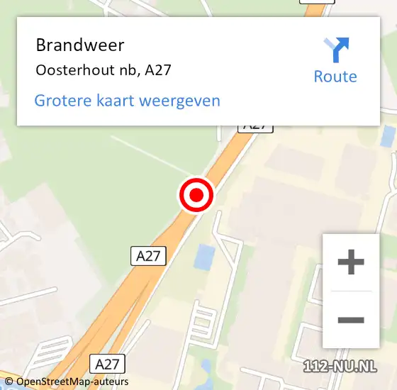 Locatie op kaart van de 112 melding: Brandweer Oosterhout nb, A27 op 6 juli 2017 12:30