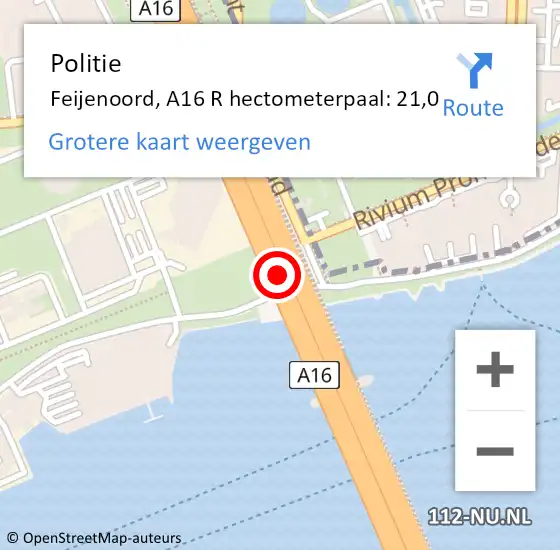 Locatie op kaart van de 112 melding: Politie Feijenoord, A16 R hectometerpaal: 21,0 op 6 juli 2017 18:35