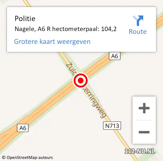 Locatie op kaart van de 112 melding: Politie Nagele, A6 L hectometerpaal: 100,0 op 7 juli 2017 10:43