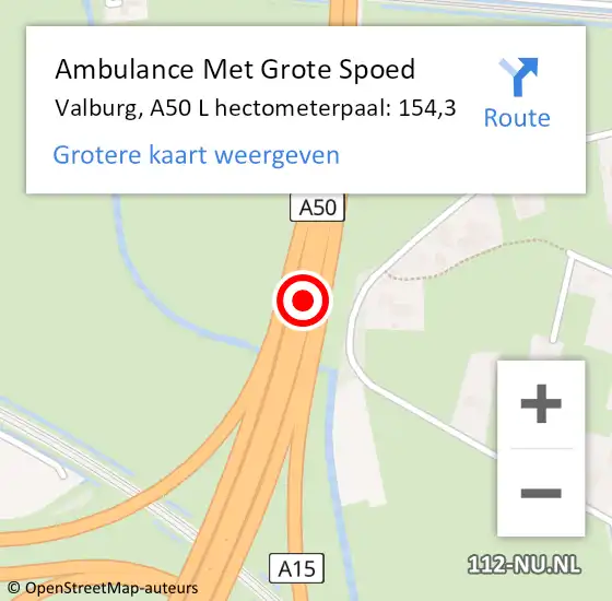 Locatie op kaart van de 112 melding: Ambulance Met Grote Spoed Naar Valburg, A50 L hectometerpaal: 154,3 op 7 juli 2017 16:37