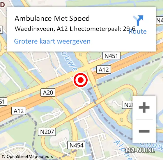 Locatie op kaart van de 112 melding: Ambulance Met Spoed Naar Waddinxveen, A12 L hectometerpaal: 29,6 op 7 juli 2017 17:11