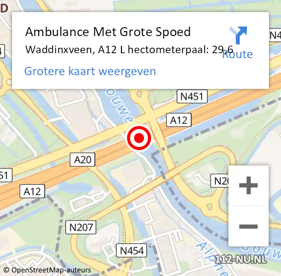 Locatie op kaart van de 112 melding: Ambulance Met Grote Spoed Naar Waddinxveen, A12 L hectometerpaal: 29,6 op 7 juli 2017 17:13