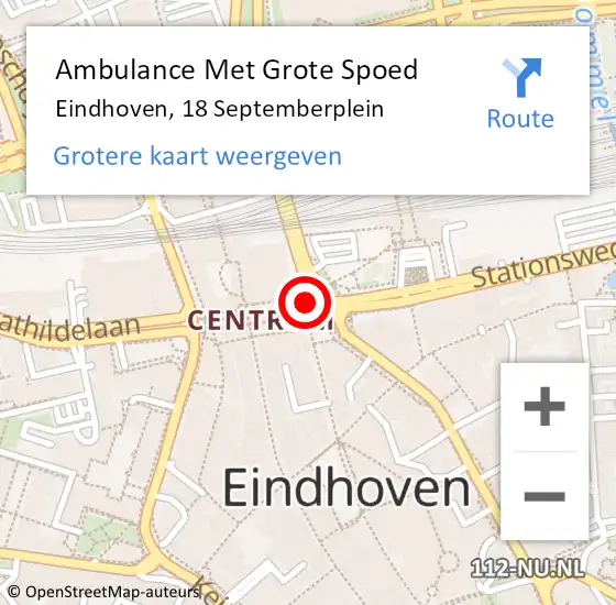 Locatie op kaart van de 112 melding: Ambulance Met Grote Spoed Naar Eindhoven, 18 Septemberplein op 7 juli 2017 22:05