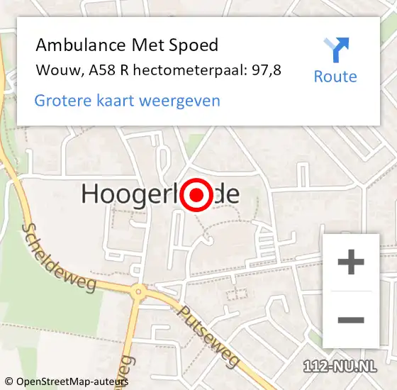 Locatie op kaart van de 112 melding: Ambulance Met Spoed Naar Wouw, A58 R hectometerpaal: 97,8 op 7 juli 2017 23:23