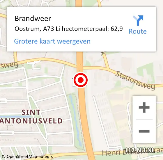 Locatie op kaart van de 112 melding: Brandweer Oostrum, A73 R hectometerpaal: 65,5 op 8 juli 2017 10:14