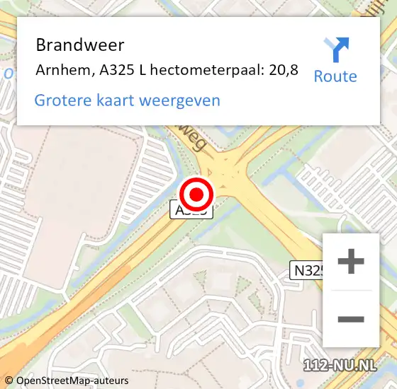 Locatie op kaart van de 112 melding: Brandweer Arnhem, A325 L hectometerpaal: 19,9 op 8 juli 2017 14:07