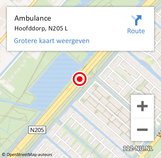 Locatie op kaart van de 112 melding: Ambulance Hoofddorp, N205 L op 8 juli 2017 16:19