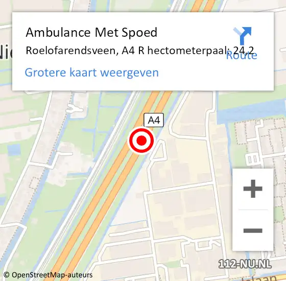 Locatie op kaart van de 112 melding: Ambulance Met Spoed Naar Roelofarendsveen, A4 R hectometerpaal: 24,2 op 10 juli 2017 09:14