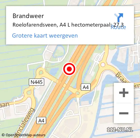Locatie op kaart van de 112 melding: Brandweer Roelofarendsveen, A4 L hectometerpaal: 27,3 op 10 juli 2017 18:07