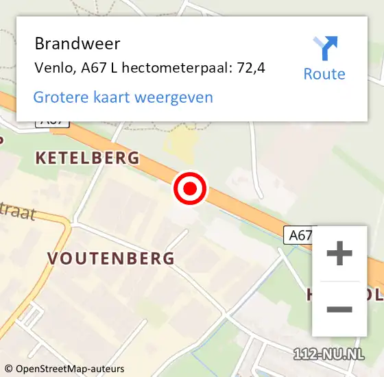 Locatie op kaart van de 112 melding: Brandweer Venlo, A67 L hectometerpaal: 71,9 op 10 juli 2017 23:36