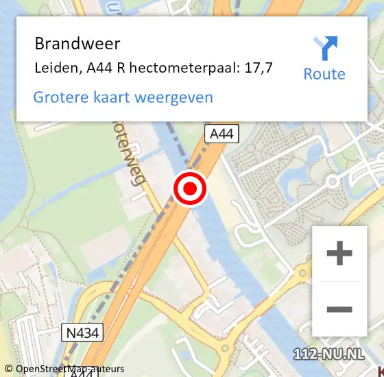 Locatie op kaart van de 112 melding: Brandweer Leiden, A44 R hectometerpaal: 17,7 op 11 juli 2017 13:58
