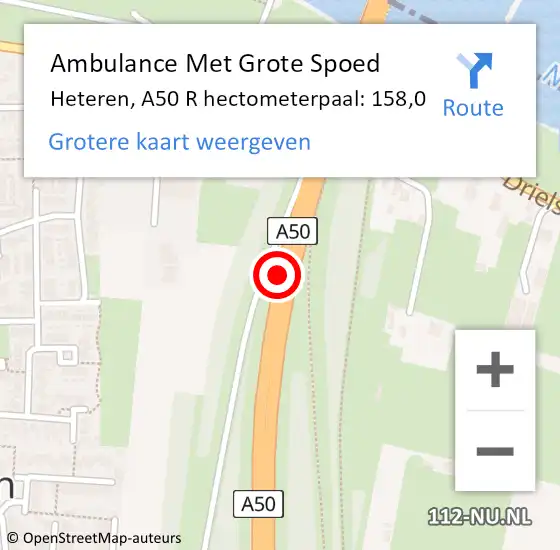 Locatie op kaart van de 112 melding: Ambulance Met Grote Spoed Naar Heteren, A50 R hectometerpaal: 156,6 op 14 juli 2017 18:17