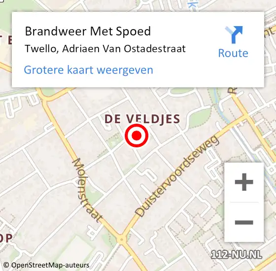 Locatie op kaart van de 112 melding: Brandweer Met Spoed Naar Twello, Adriaen Van Ostadestraat op 16 juli 2017 10:52