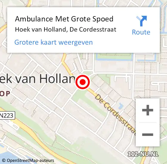 Locatie op kaart van de 112 melding: Ambulance Met Grote Spoed Naar Hoek van Holland, De Cordesstraat op 19 juli 2017 10:41