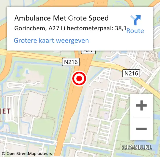 Locatie op kaart van de 112 melding: Ambulance Met Grote Spoed Naar Gorinchem, A27 R hectometerpaal: 37,7 op 19 juli 2017 18:37