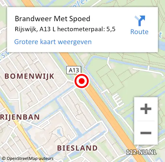 Locatie op kaart van de 112 melding: Brandweer Met Spoed Naar Rijswijk, A13 R hectometerpaal: 5,9 op 21 juli 2017 12:08