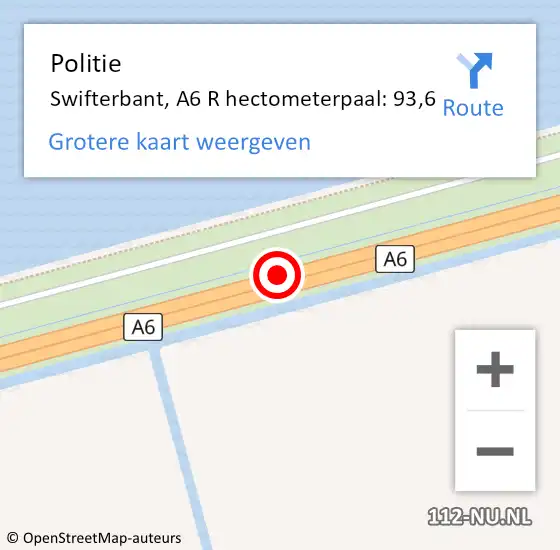 Locatie op kaart van de 112 melding: Politie Swifterbant, A6 R hectometerpaal: 93,6 op 21 juli 2017 17:02