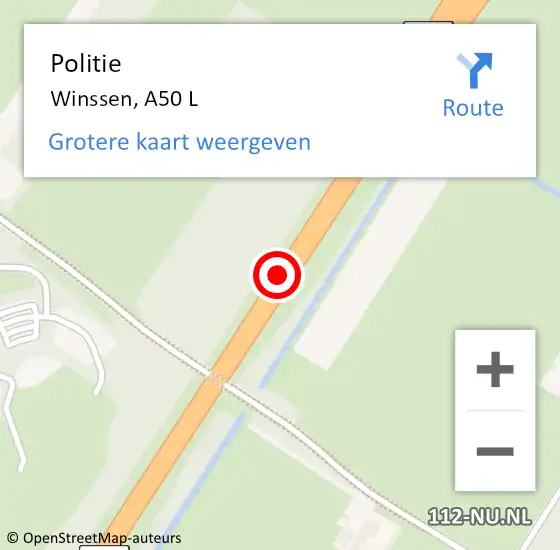 Locatie op kaart van de 112 melding: Politie Winssen, A50 L op 21 juli 2017 20:35