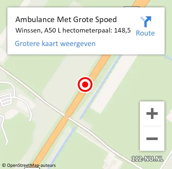 Locatie op kaart van de 112 melding: Ambulance Met Grote Spoed Naar Winssen, A50 L hectometerpaal: 147,9 op 21 juli 2017 20:35