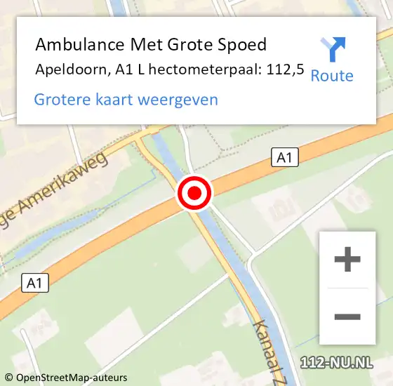 Locatie op kaart van de 112 melding: Ambulance Met Grote Spoed Naar Apeldoorn, A1 L hectometerpaal: 112,5 op 23 juli 2017 16:44