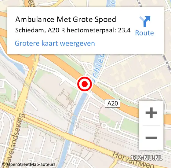 Locatie op kaart van de 112 melding: Ambulance Met Grote Spoed Naar Schiedam, A20 L hectometerpaal: 23,4 op 25 juli 2017 08:49