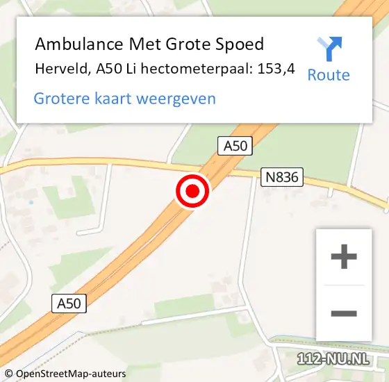Locatie op kaart van de 112 melding: Ambulance Met Grote Spoed Naar Herveld, A50 R hectometerpaal: 155,3 op 26 juli 2017 08:33