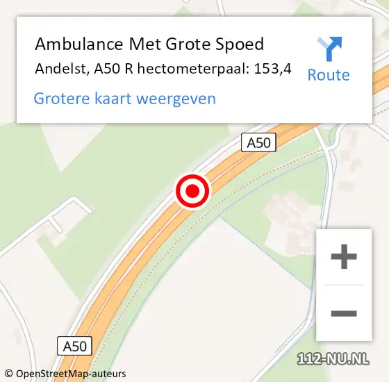 Locatie op kaart van de 112 melding: Ambulance Met Grote Spoed Naar Andelst, A50 R hectometerpaal: 153,4 op 26 juli 2017 09:05