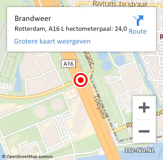 Locatie op kaart van de 112 melding: Brandweer Rotterdam, A16 L hectometerpaal: 24,0 op 26 juli 2017 11:11