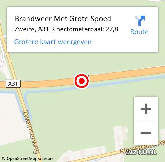 Locatie op kaart van de 112 melding: Brandweer Met Grote Spoed Naar Zweins, A31 R hectometerpaal: 27,8 op 26 juli 2017 11:31