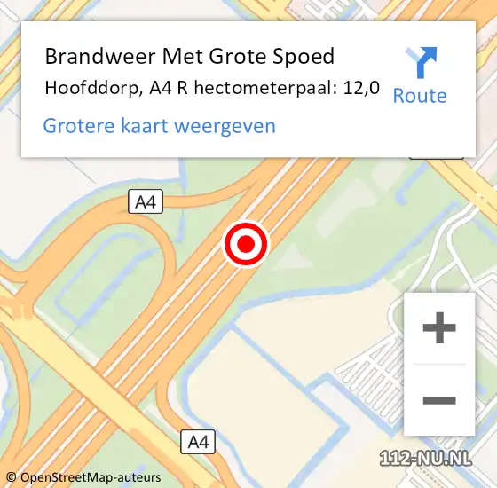 Locatie op kaart van de 112 melding: Brandweer Met Grote Spoed Naar Hoofddorp, A4 R hectometerpaal: 12,0 op 26 juli 2017 12:58