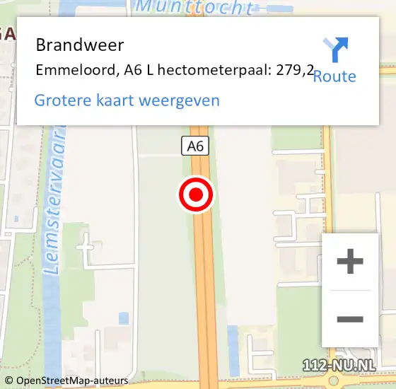 Locatie op kaart van de 112 melding: Brandweer Emmeloord, A6 L hectometerpaal: 279,2 op 27 juli 2017 15:24