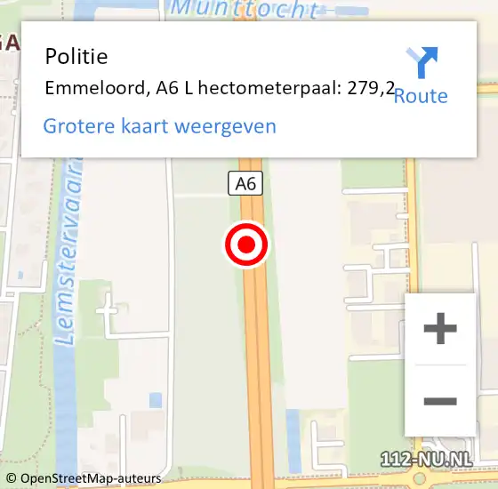 Locatie op kaart van de 112 melding: Politie Emmeloord, A6 L hectometerpaal: 279,2 op 27 juli 2017 15:24