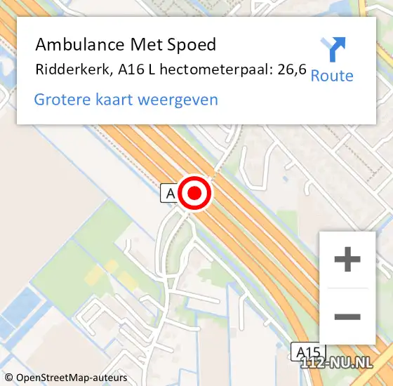Locatie op kaart van de 112 melding: Ambulance Met Spoed Naar Ridderkerk, A16 L hectometerpaal: 27,8 op 29 juli 2017 02:26