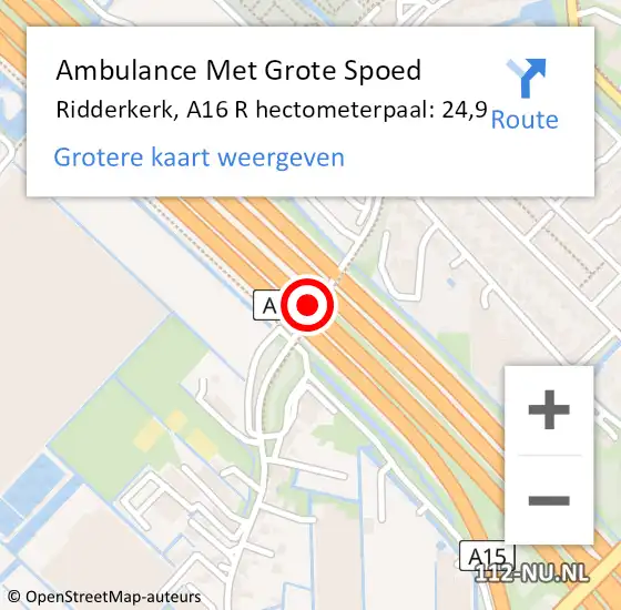 Locatie op kaart van de 112 melding: Ambulance Met Grote Spoed Naar Ridderkerk, A16 L hectometerpaal: 27,8 op 29 juli 2017 02:28