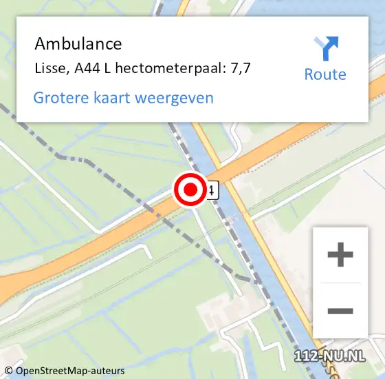Locatie op kaart van de 112 melding: Ambulance Lisse, A44 L hectometerpaal: 7,7 op 29 juli 2017 09:07