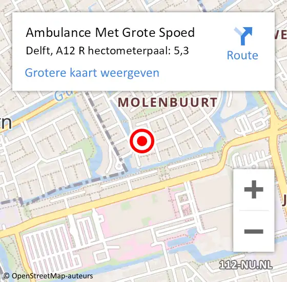 Locatie op kaart van de 112 melding: Ambulance Met Grote Spoed Naar Delft, A12 R hectometerpaal: 5,3 op 29 juli 2017 17:23