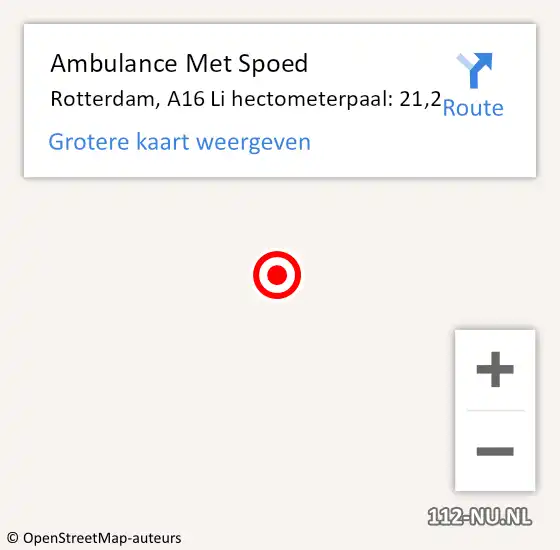 Locatie op kaart van de 112 melding: Ambulance Met Spoed Naar Rotterdam, A16 Li hectometerpaal: 21,6 op 30 juli 2017 00:15