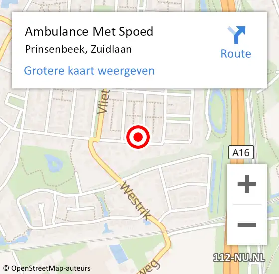 Locatie op kaart van de 112 melding: Ambulance Met Spoed Naar Prinsenbeek, Zuidlaan op 30 juli 2017 23:06