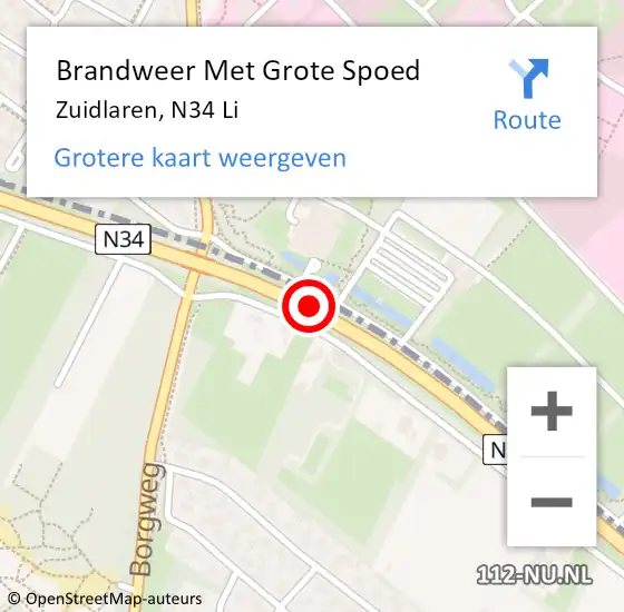 Locatie op kaart van de 112 melding: Brandweer Met Grote Spoed Naar Zuidlaren, N34 hectometerpaal: 105,6 op 31 juli 2017 16:00