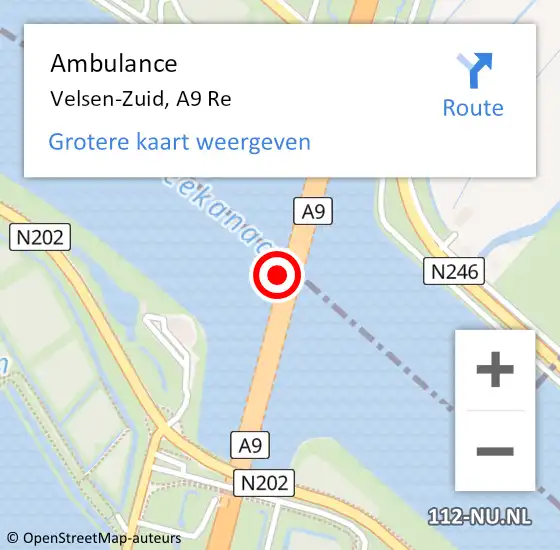 Locatie op kaart van de 112 melding: Ambulance Velsen-Zuid, A9 L op 1 augustus 2017 14:34