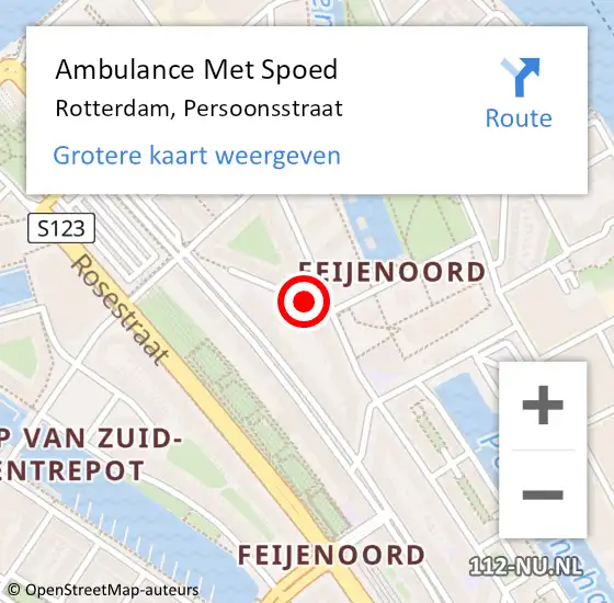 Locatie op kaart van de 112 melding: Ambulance Met Spoed Naar Rotterdam, Persoonsstraat op 4 augustus 2017 01:00