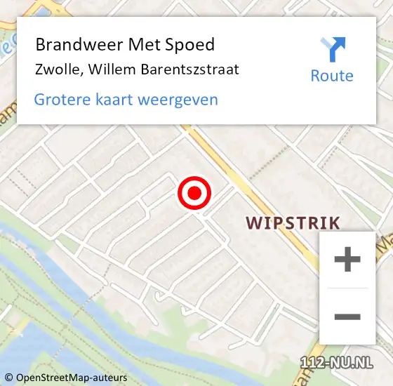 Locatie op kaart van de 112 melding: Brandweer Met Spoed Naar Zwolle, Willem Barentszstraat op 5 augustus 2017 04:58